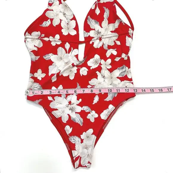 Frankies Bikinis Janelle One-Piece Swimsuit Red Floral Azalea Cheeky Cut Size M - Picture 8 of 9